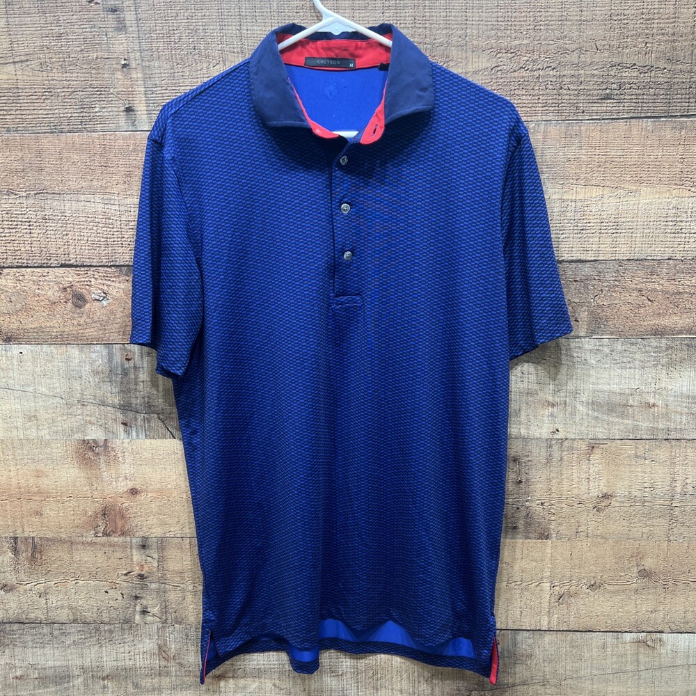 Greyson Mens Blue/Black Pattern Golf Shirt Polo Size Medium